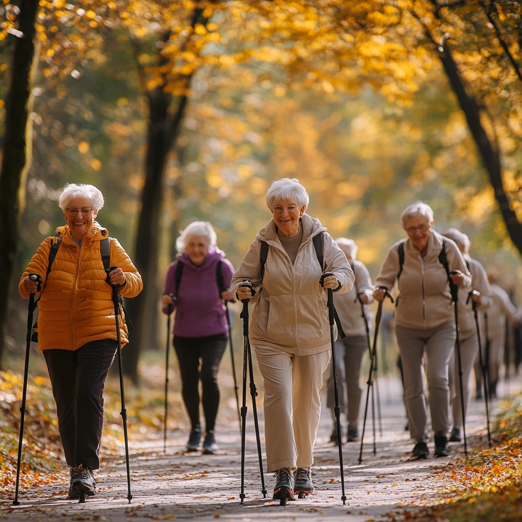 Група літніх людей займається скандинавською ходьбою в парку