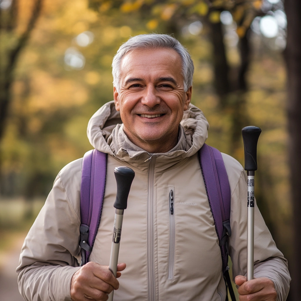 Михайло, 72 роки, на тренуванні зі скандинавської ходьби